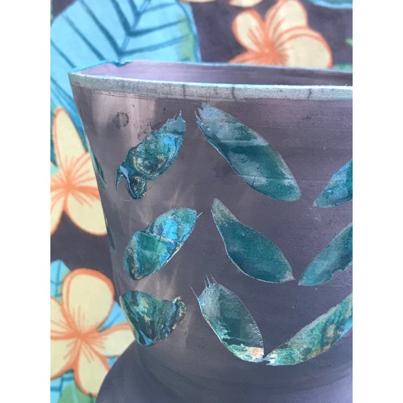 Raku Pottery Vase with Green Leaves on dark charcoal gray - Picture 7 of 8